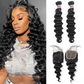 Closure With Bundles Loose Deep Wave Hair 2 Bundles With 4x4 Lace Closure